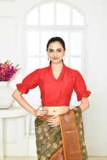 Dark red pure raw silk designer blouse with puff sleeves and collar neck pattern