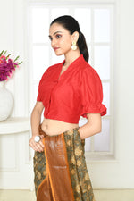 Dark red pure raw silk designer blouse with puff sleeves and collar neck pattern