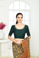 Bottle green pure raw silk elbow length blouse with golden floral embroidery in sleeves, front and back neck.