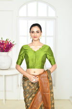 Olive Green pure raw silk designer blouse with scallop V neck and back design