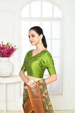 Olive Green pure raw silk designer blouse with scallop V neck and back design