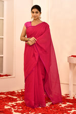 Plain Maheshwari pure handloom self-checks saree with narrow contrast pink border
