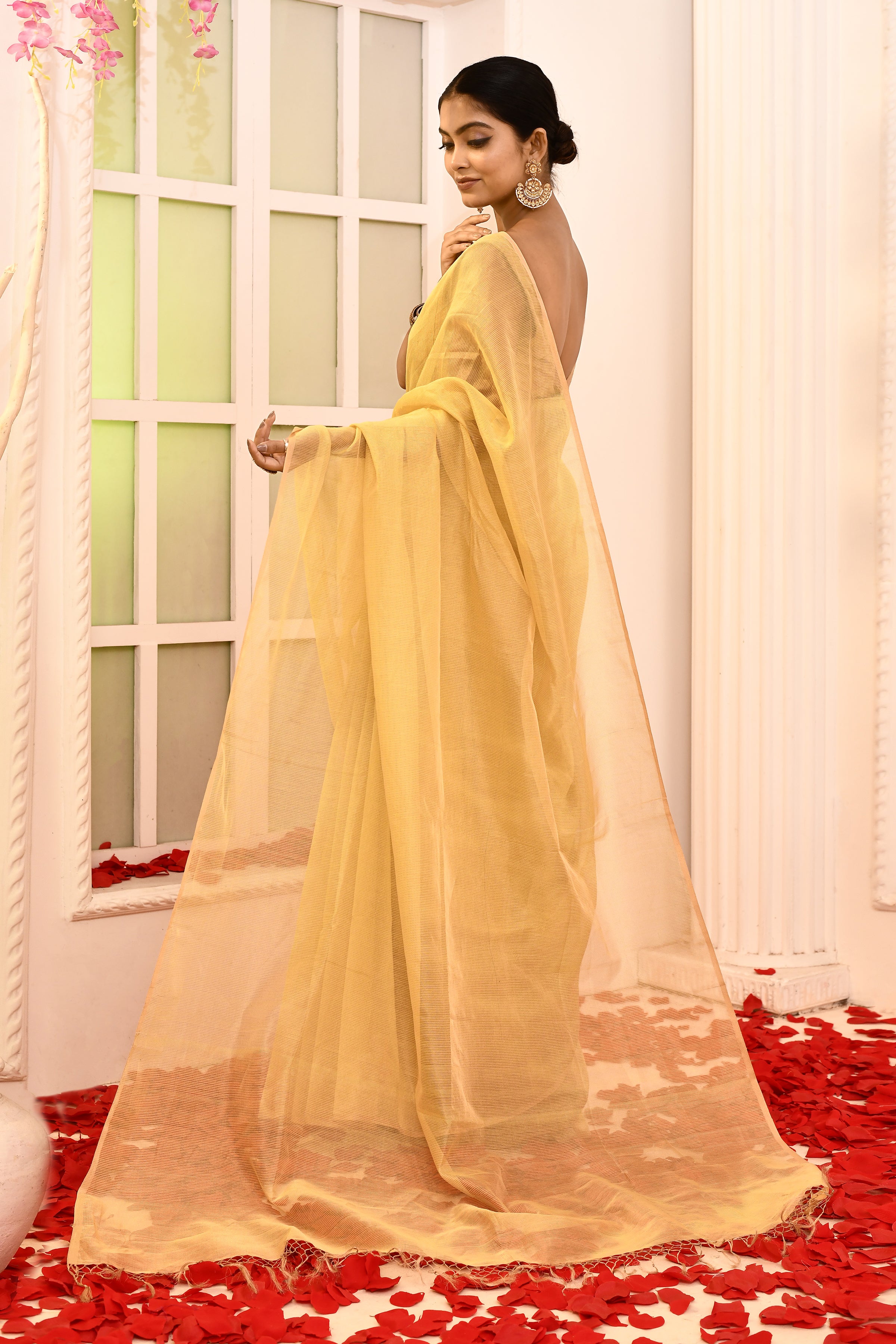 Maheshwari pure handloom tissue saree with small golden checks