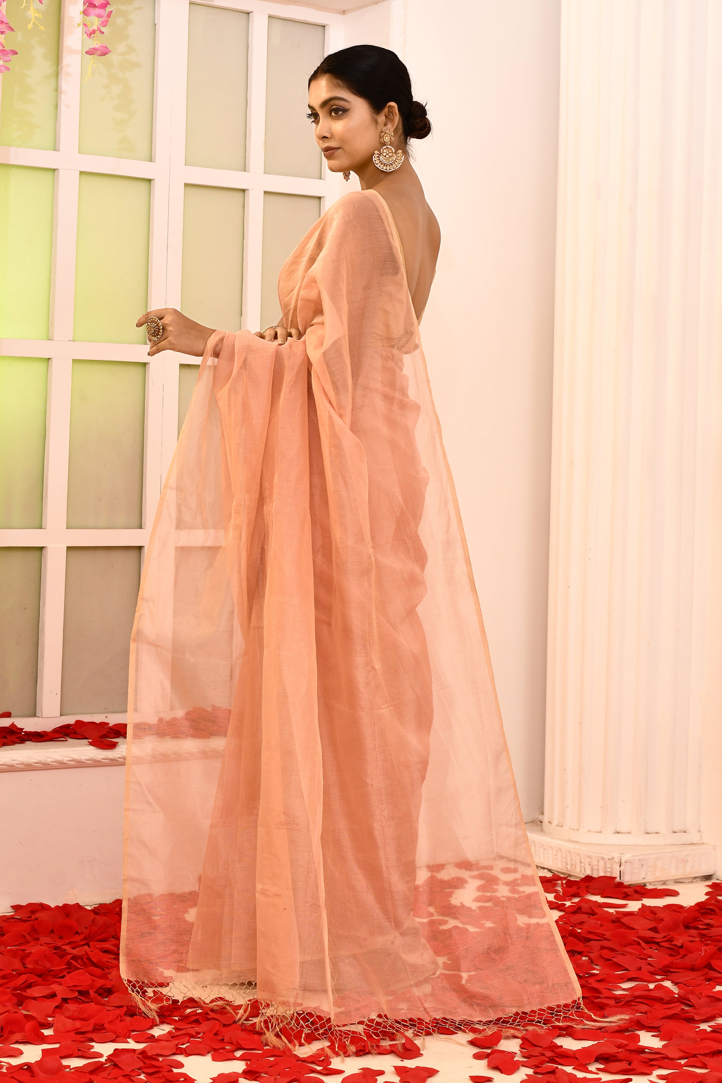 Maheshwari pure handloom tissue saree with small golden checks