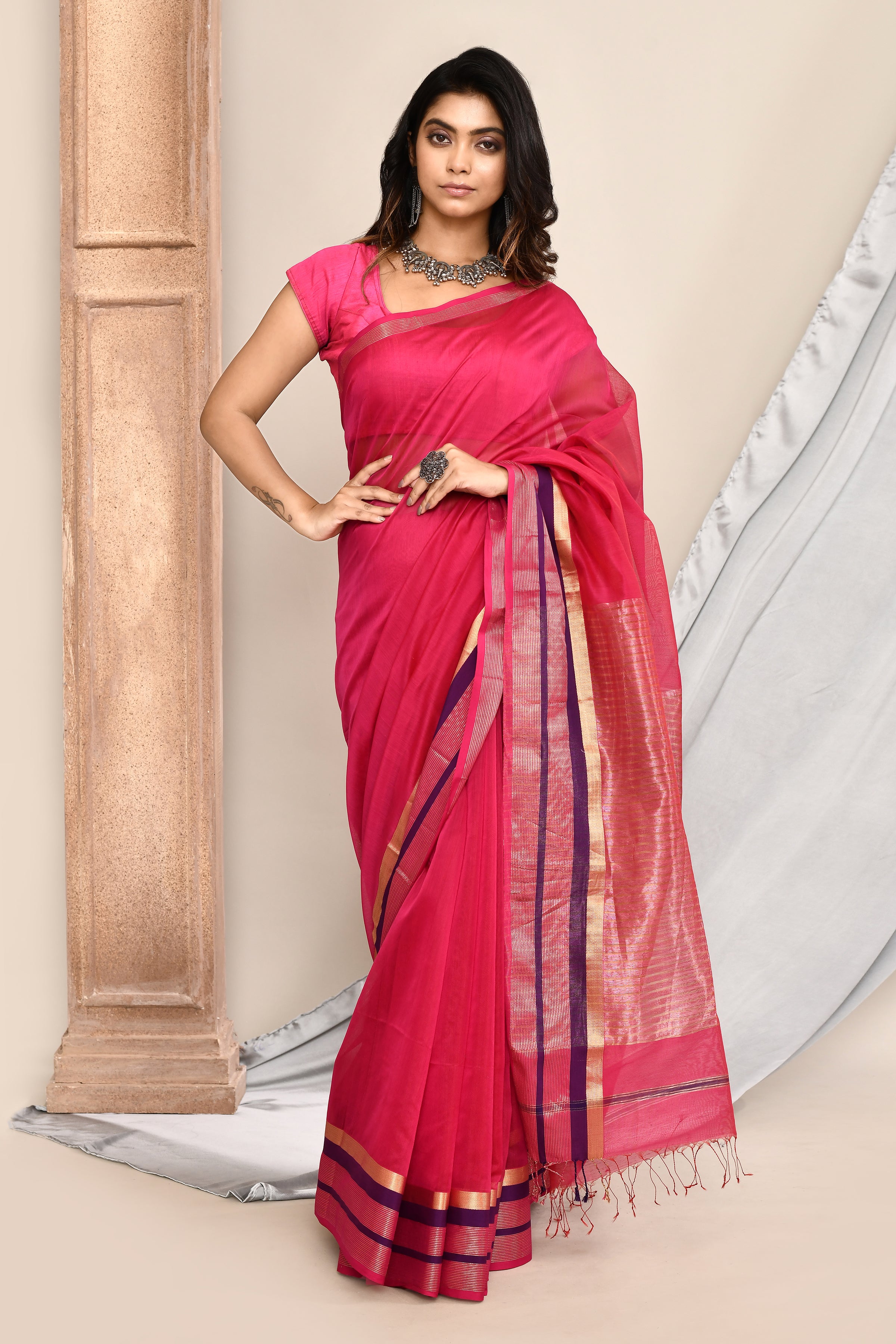 Maheshwari pure handloom plain saree with broad contrast border