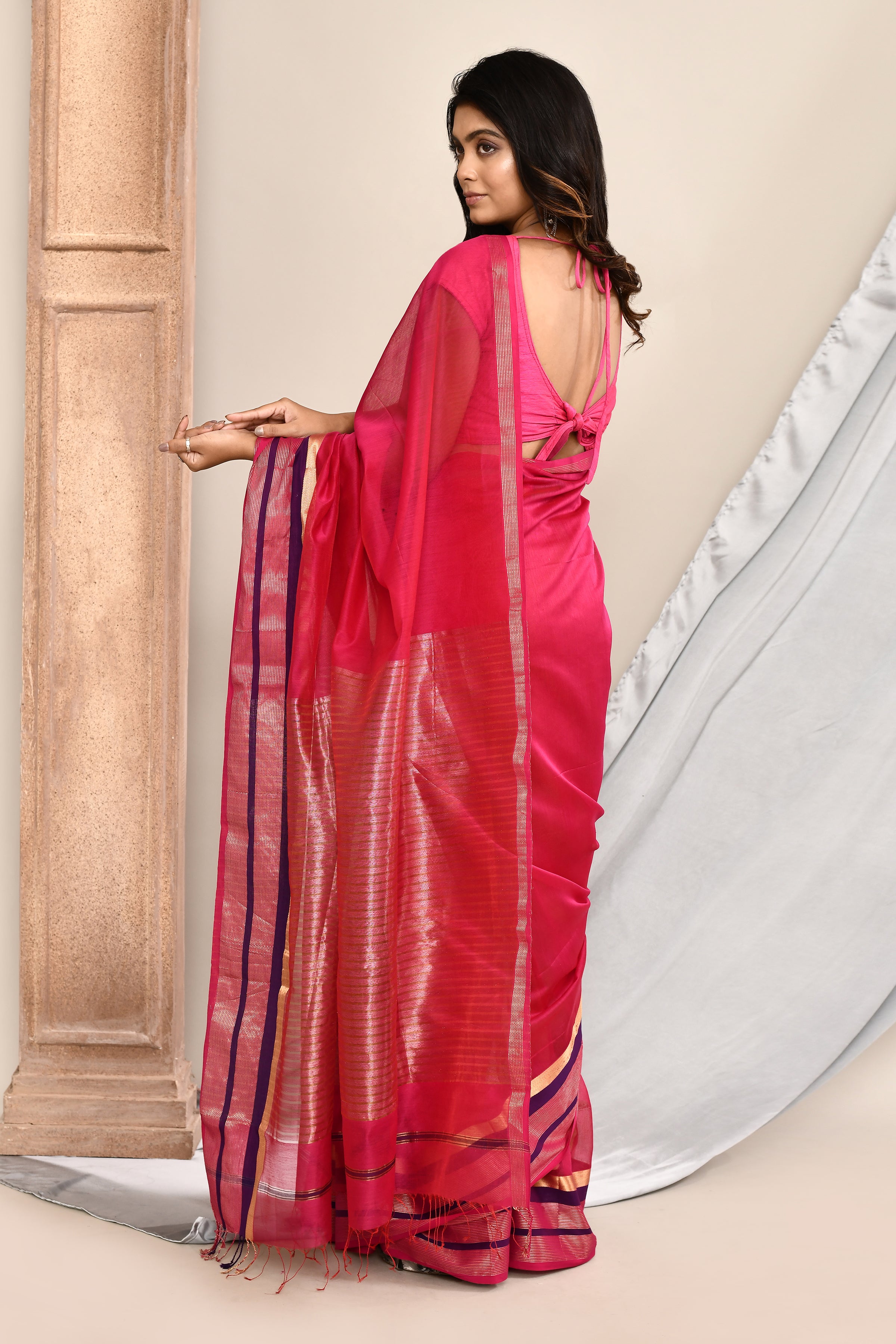 Maheshwari pure handloom plain saree with broad contrast border