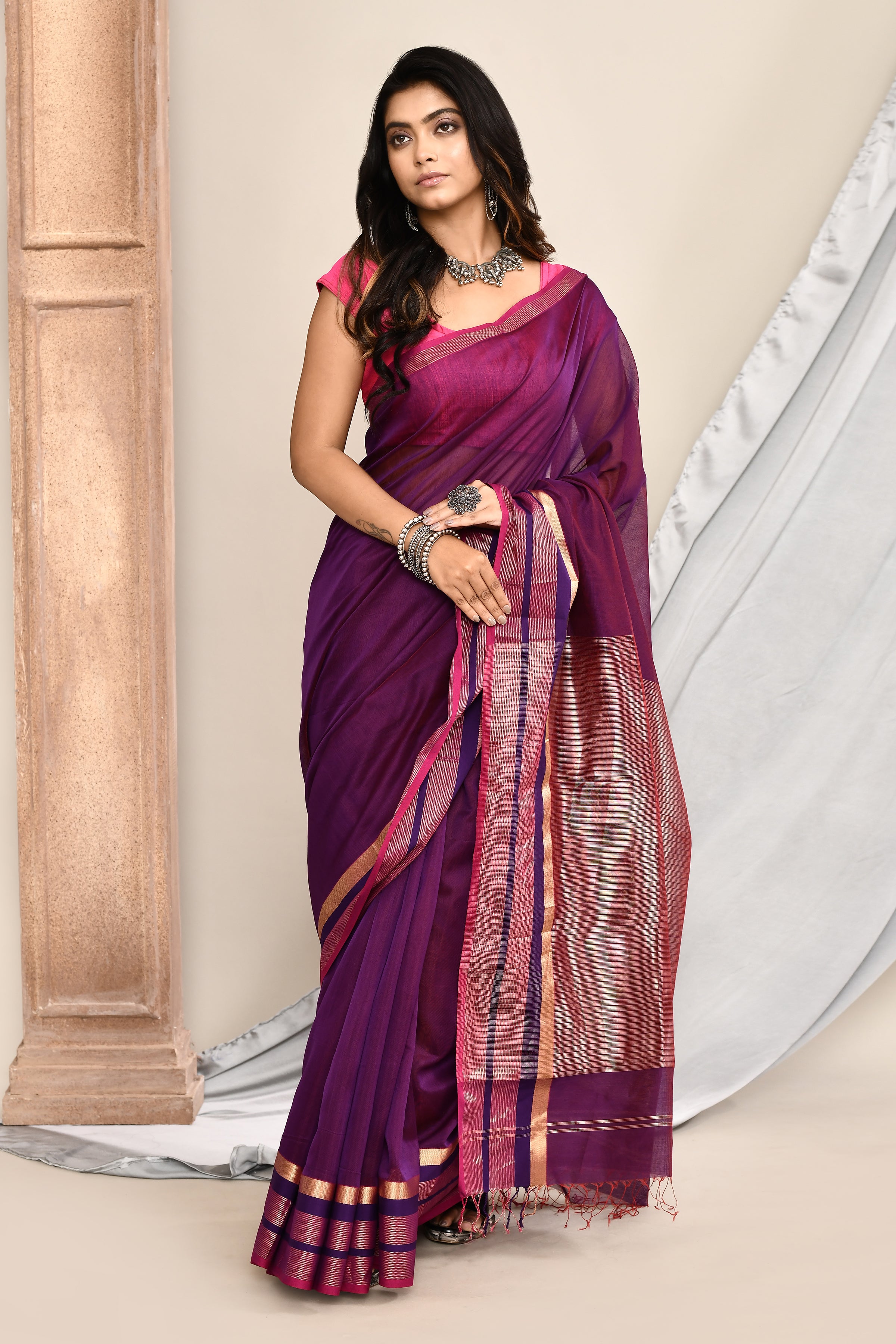 Maheshwari pure handloom plain saree with broad contrast border