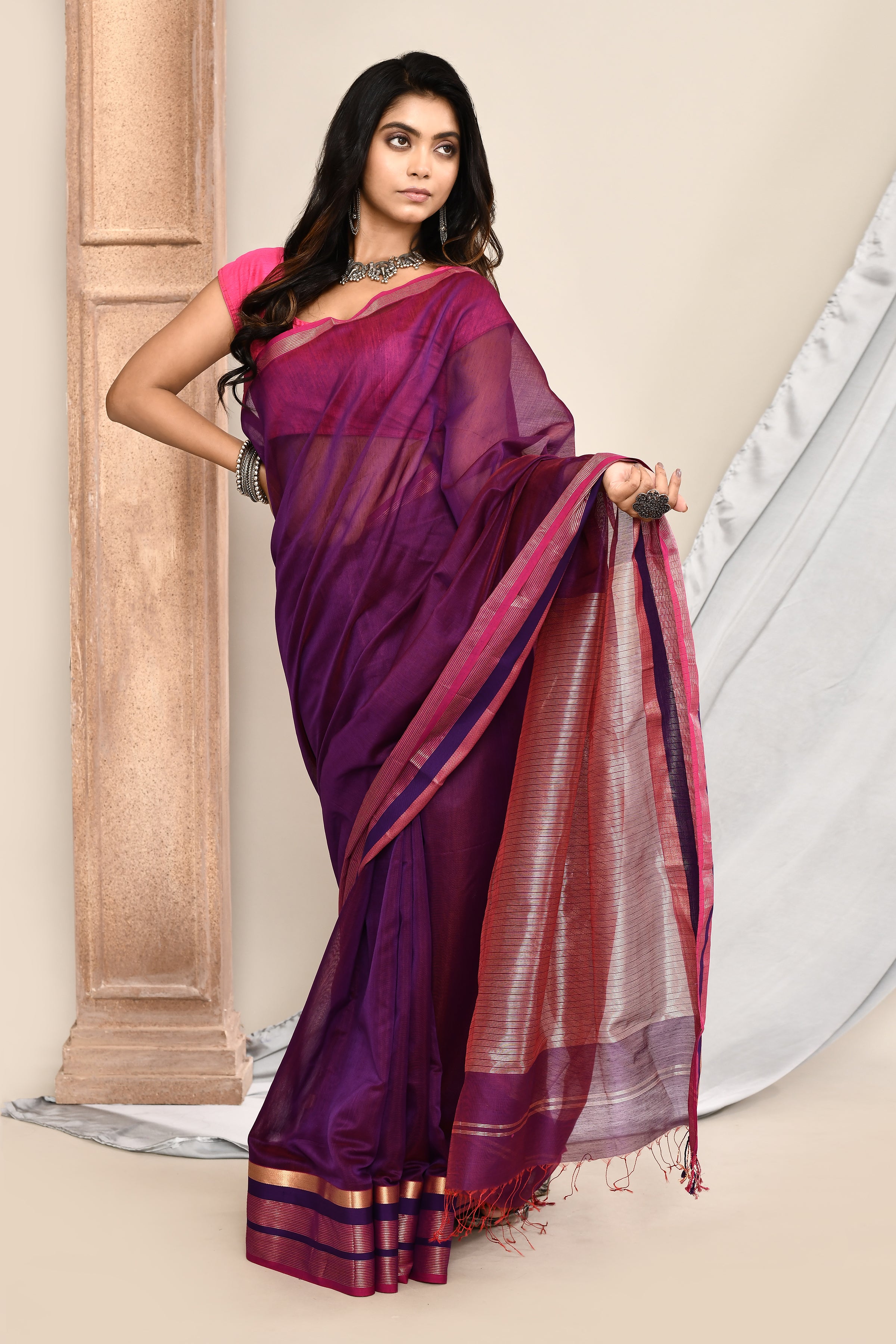 Maheshwari pure handloom plain saree with broad contrast border