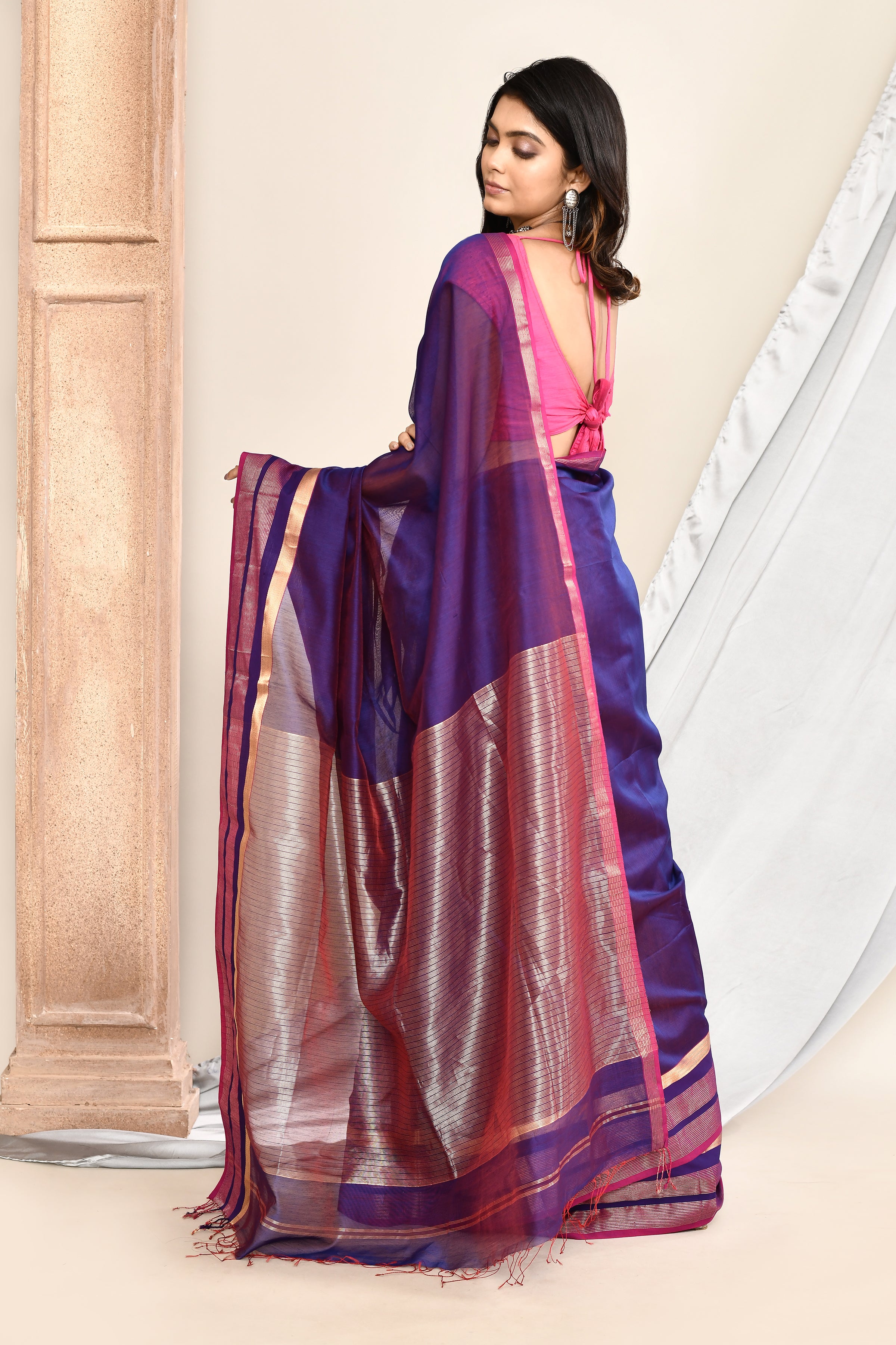 Maheshwari pure handloom plain saree with broad contrast border