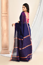 Plain Maheshwari pure handloom saree with rose gold woven border and rose gold & dark pink stripes in pallu