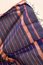 Plain Maheshwari pure handloom saree with rose gold woven border and rose gold & dark pink stripes in pallu