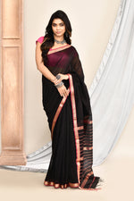 Plain Maheshwari pure handloom saree with rose gold woven border and rose gold & dark pink stripes in pallu