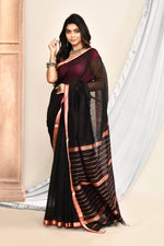 Plain Maheshwari pure handloom saree with rose gold woven border and rose gold & dark pink stripes in pallu