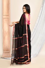 Plain Maheshwari pure handloom saree with rose gold woven border and rose gold & dark pink stripes in pallu