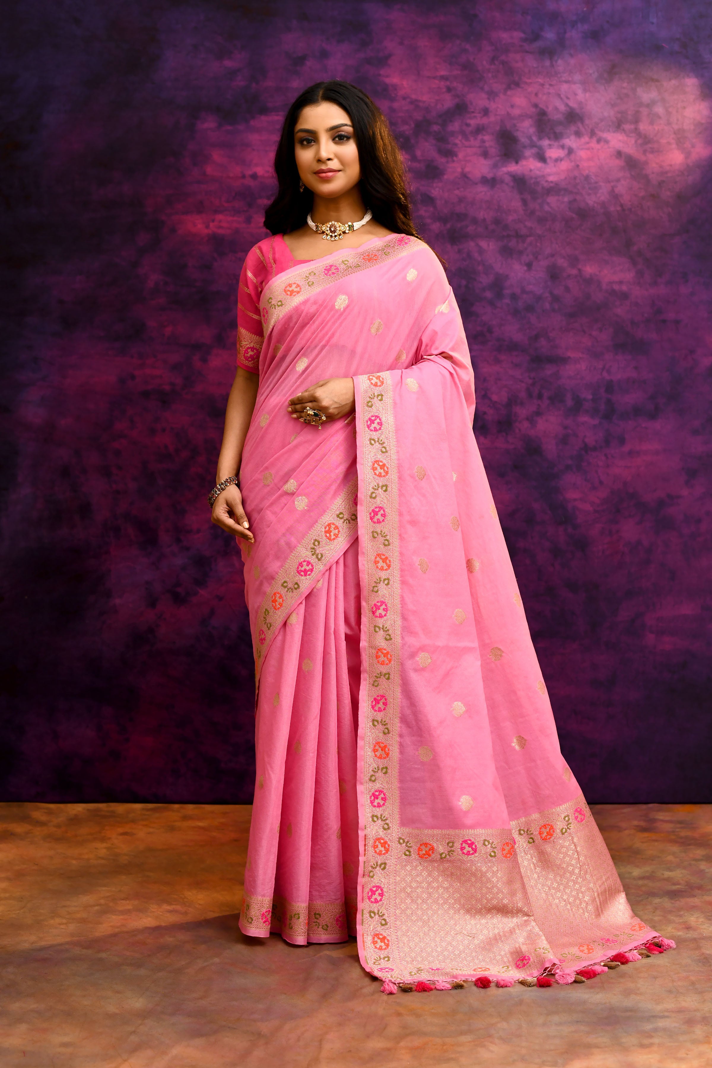 Pure Cotton Saree with Woven Buti & Floral Border – Rose Pink