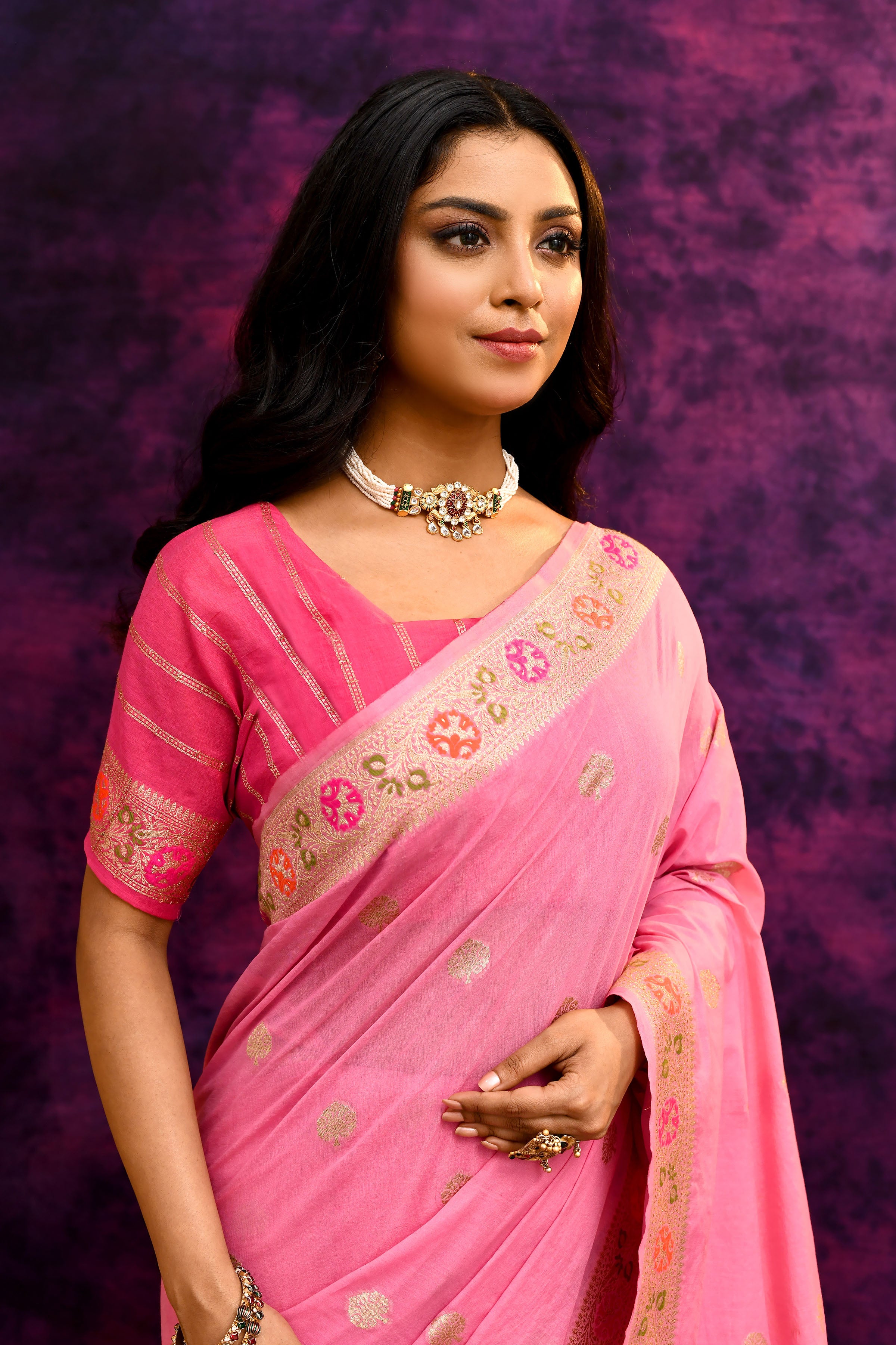 Pure Cotton Saree with Woven Buti & Floral Border – Rose Pink
