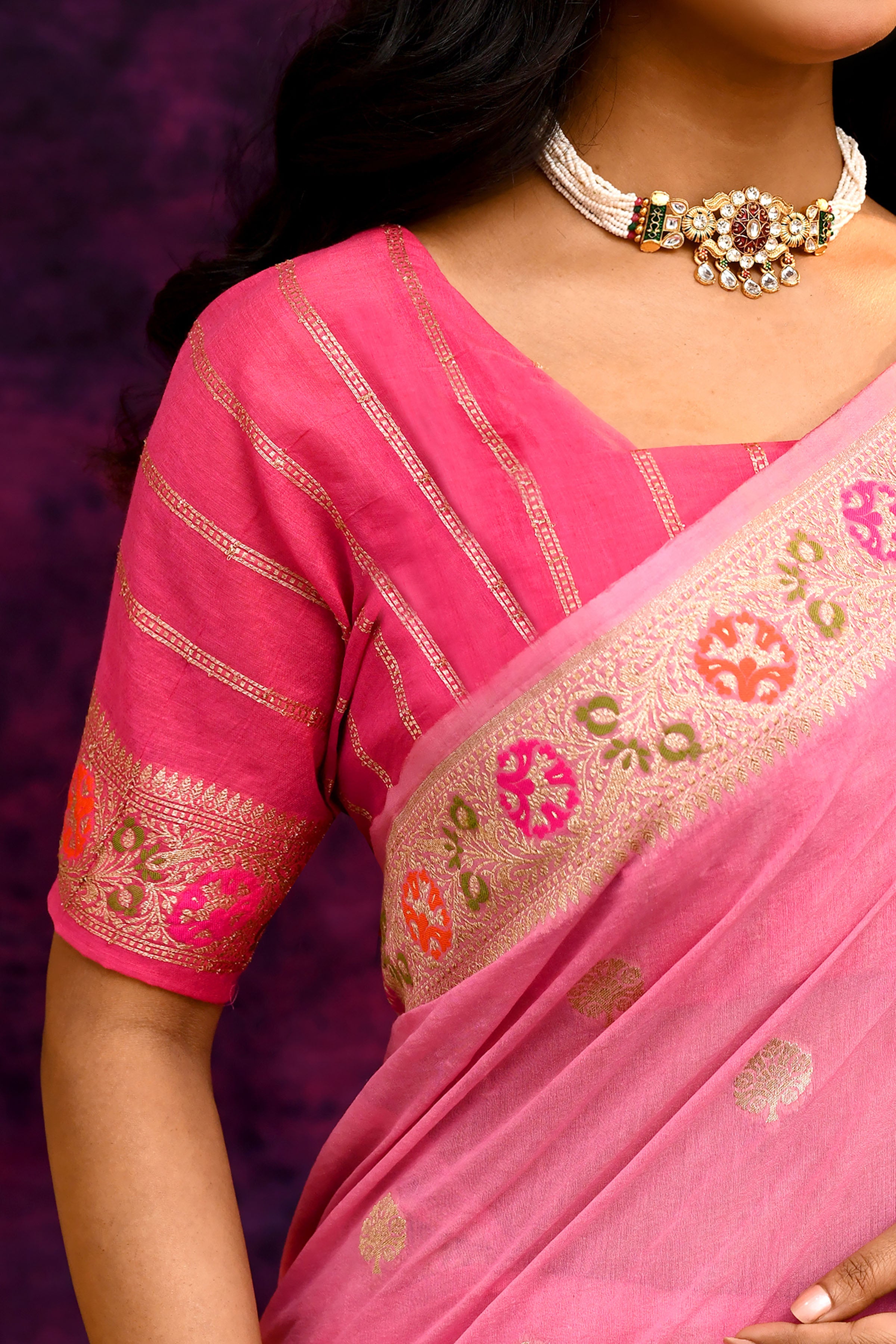 Pure Cotton Saree with Woven Buti & Floral Border – Rose Pink