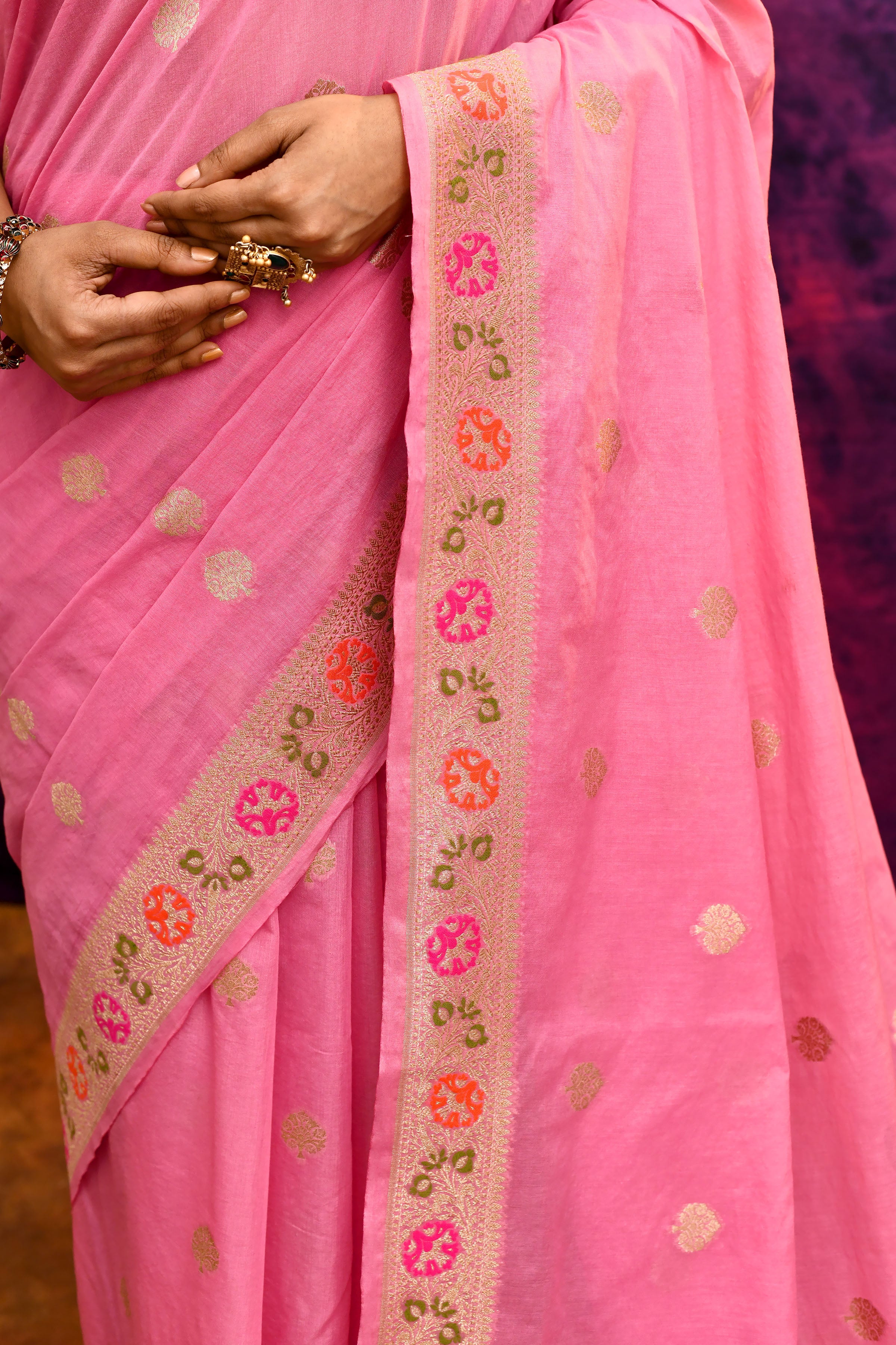 Pure Cotton Saree with Woven Buti & Floral Border – Rose Pink