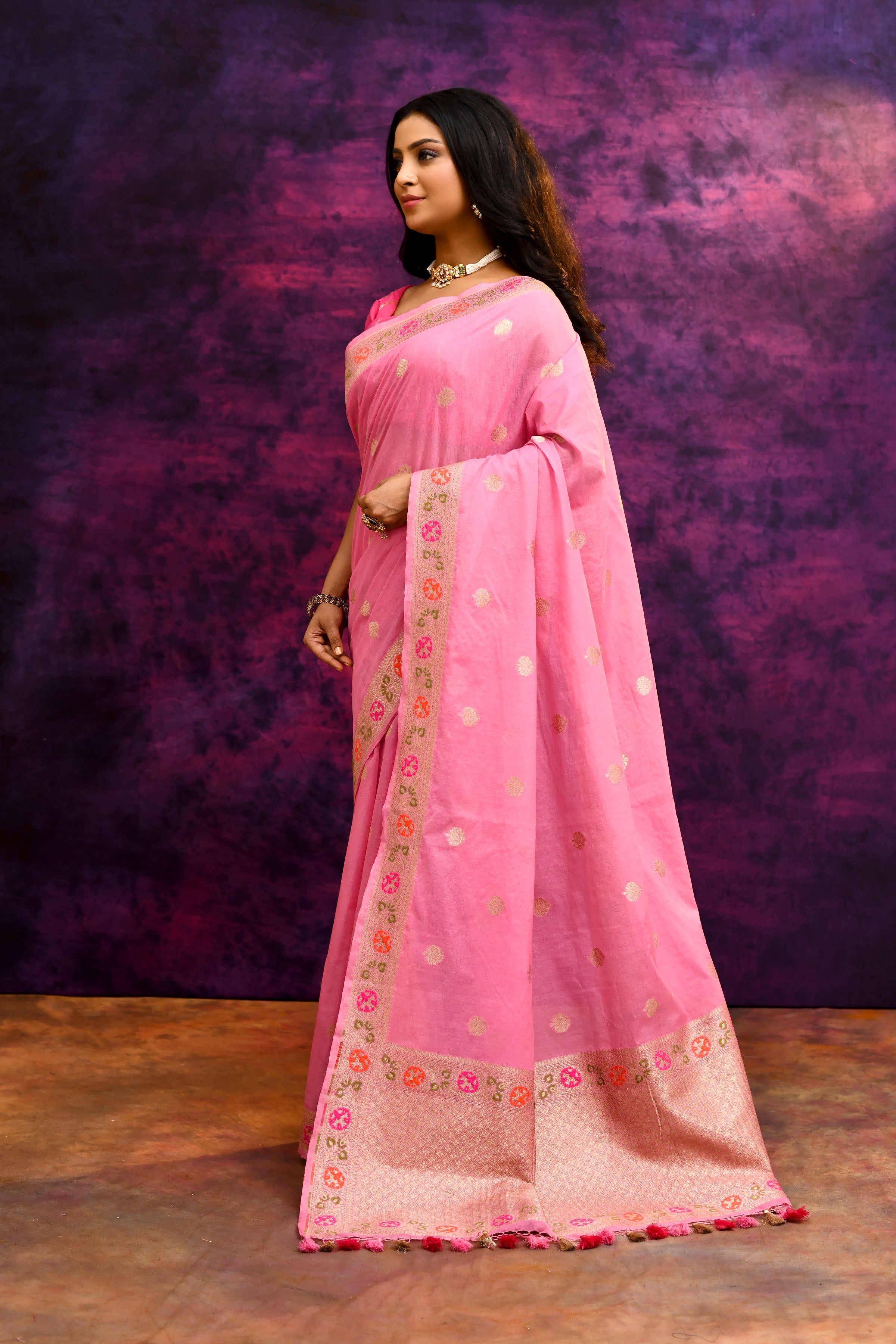 Pure Cotton Saree with Woven Buti & Floral Border – Rose Pink