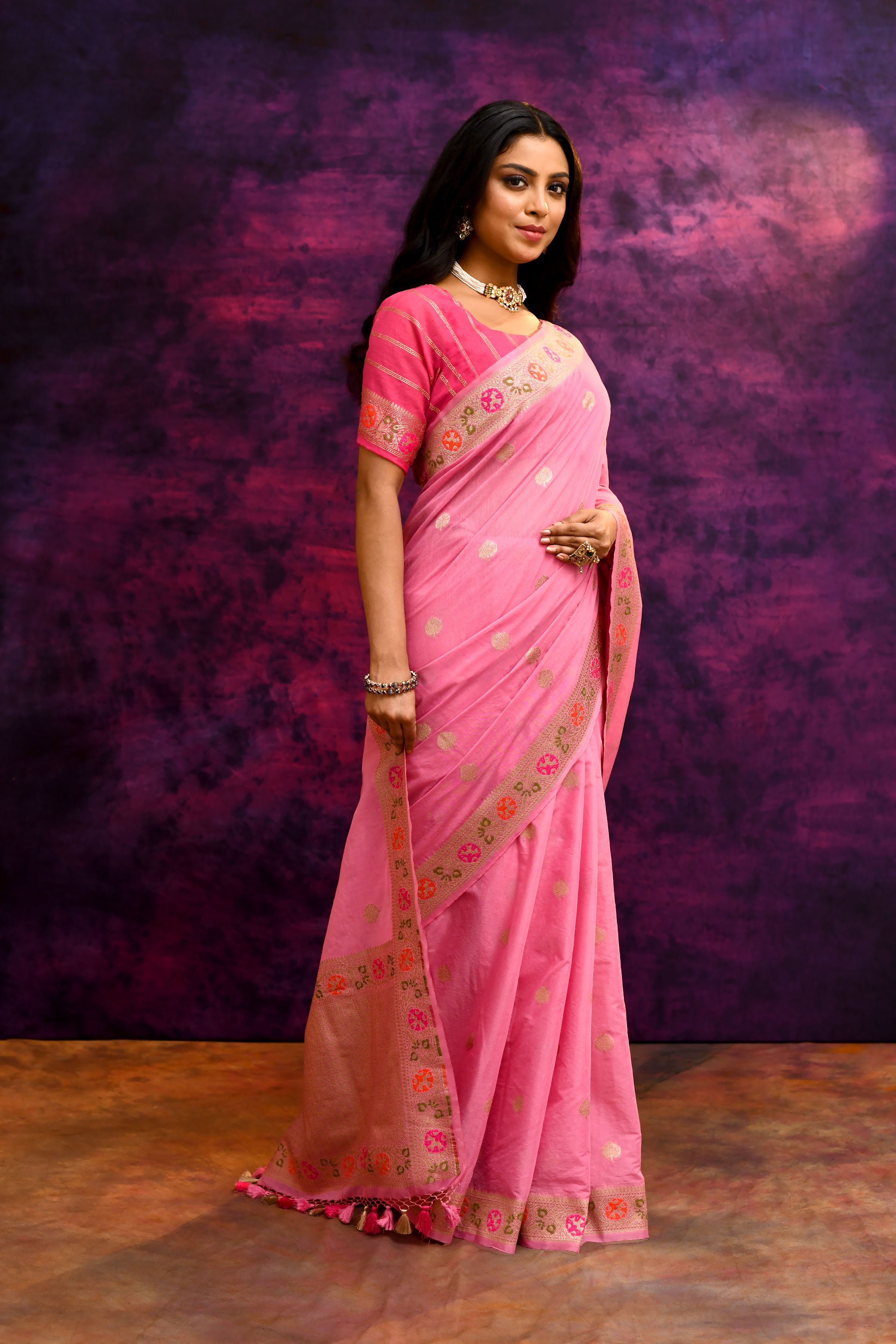 Pure Cotton Saree with Woven Buti & Floral Border – Rose Pink