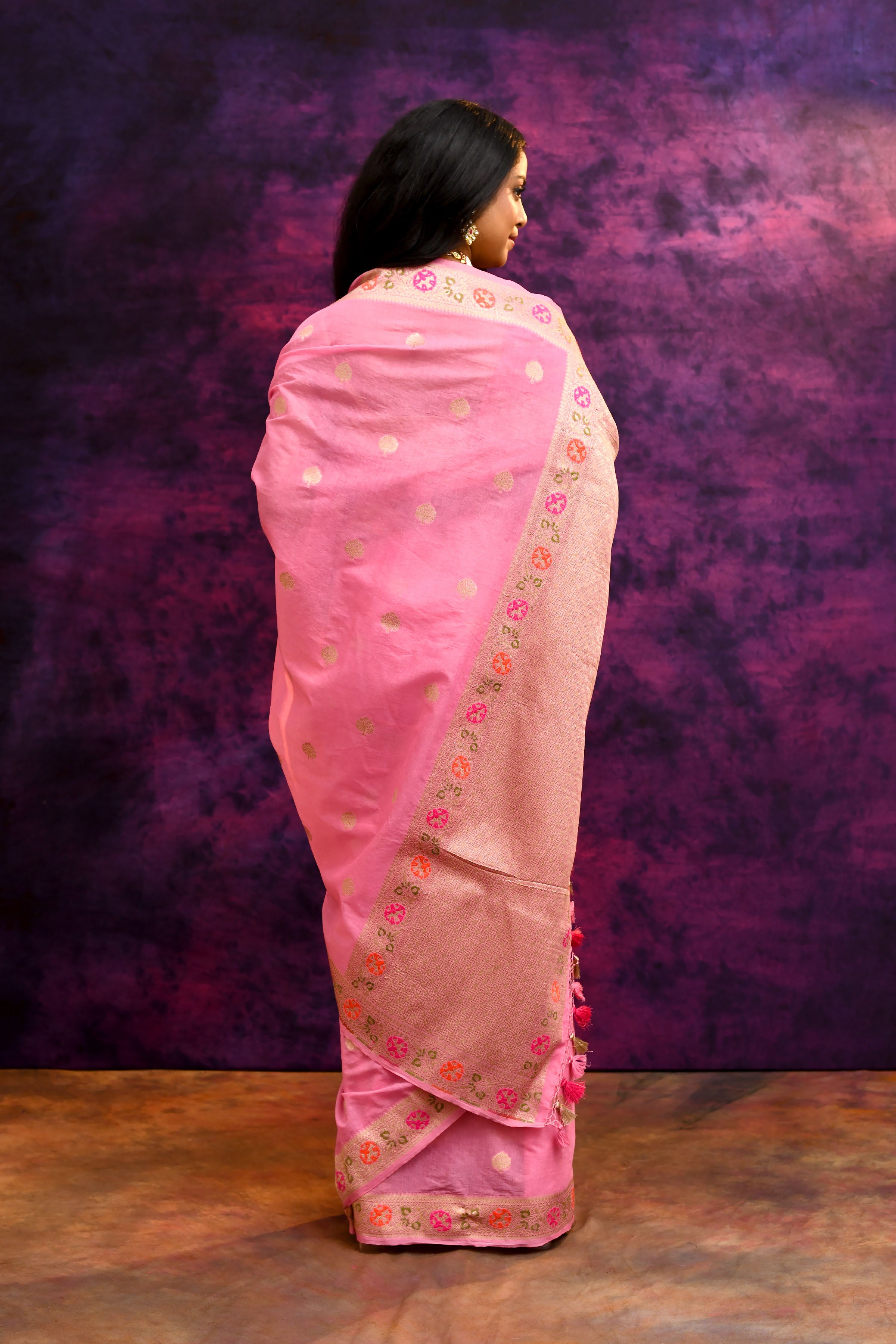 Pure Cotton Saree with Woven Buti & Floral Border – Rose Pink