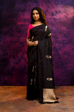 Pure Munga Silk Saree with Delicately Woven Floral Butis – Black
