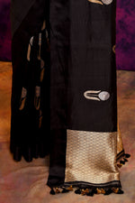 Pure Munga Silk Saree with Delicately Woven Floral Butis – Black