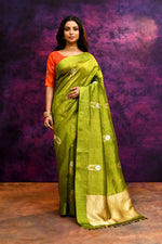 Pure Munga Silk Saree with Delicately Woven Floral Butis – Parrot Green