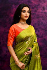 Pure Munga Silk Saree with Delicately Woven Floral Butis – Parrot Green