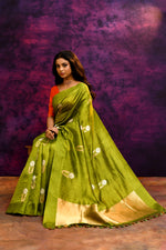 Pure Munga Silk Saree with Delicately Woven Floral Butis – Parrot Green