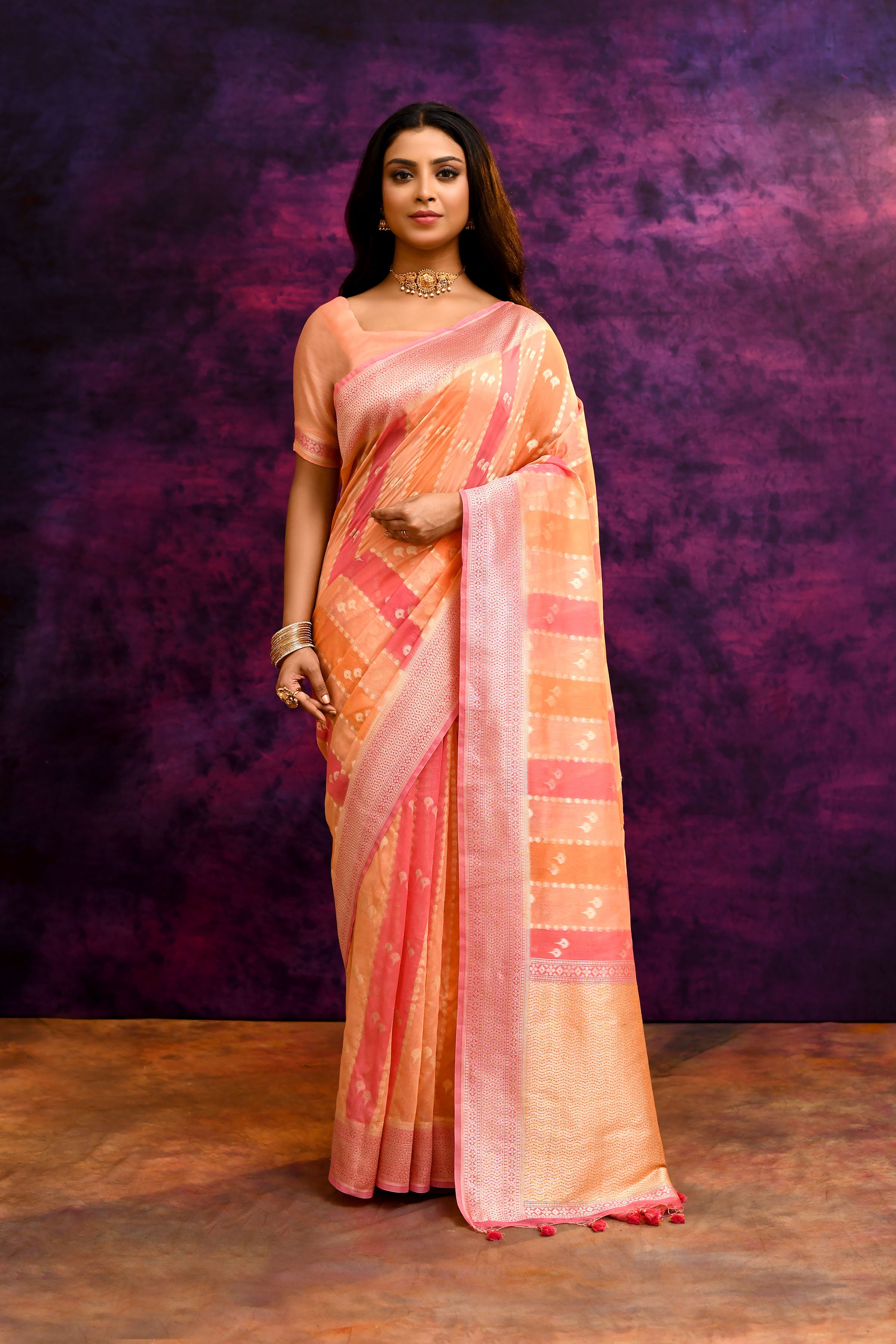 Pure Chanderi Cotton Saree with Woven Buti Motifs – Peach & Coral Pink