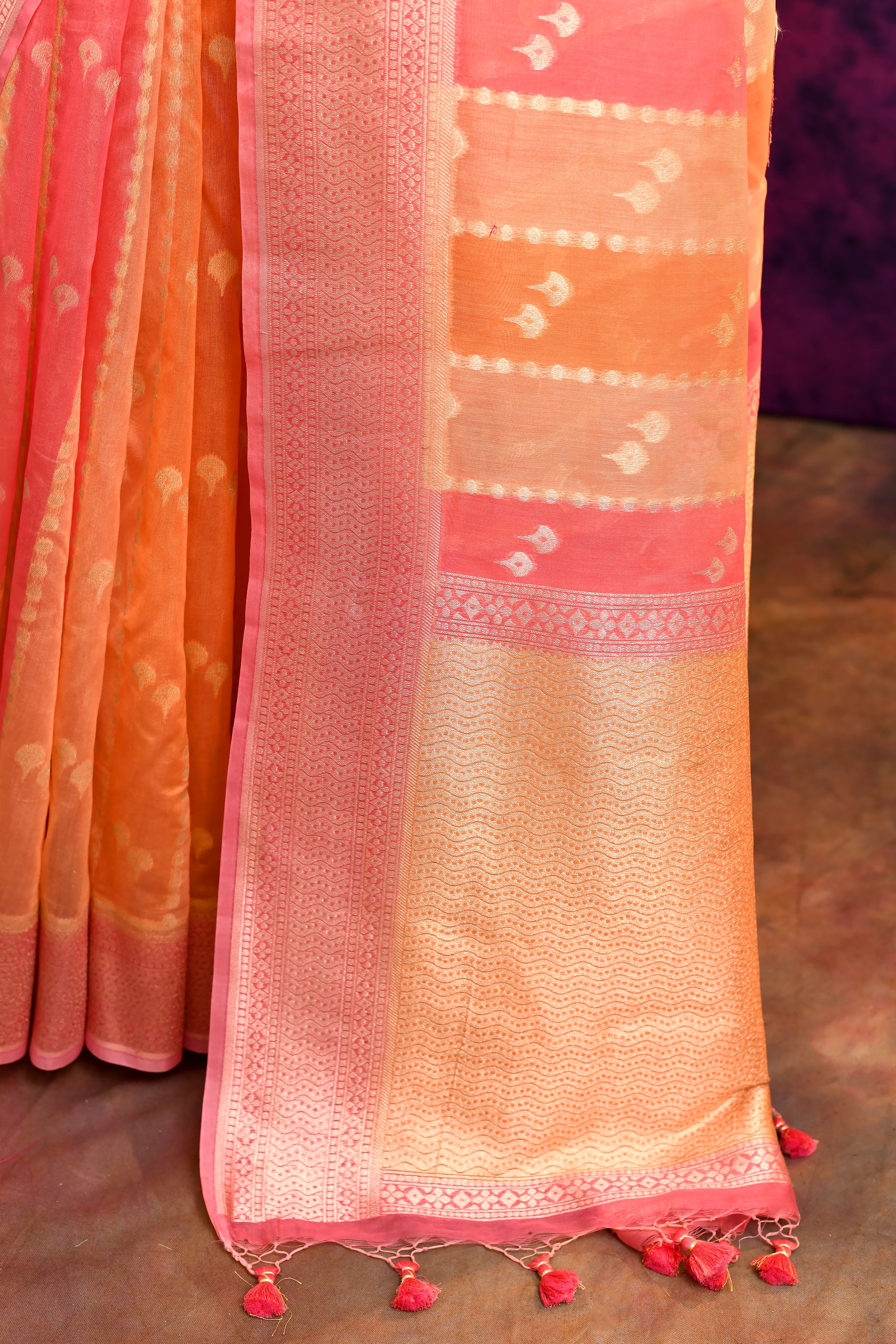 Pure Chanderi Cotton Saree with Woven Buti Motifs – Peach & Coral Pink