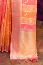 Pure Chanderi Cotton Saree with Woven Buti Motifs – Peach & Coral Pink
