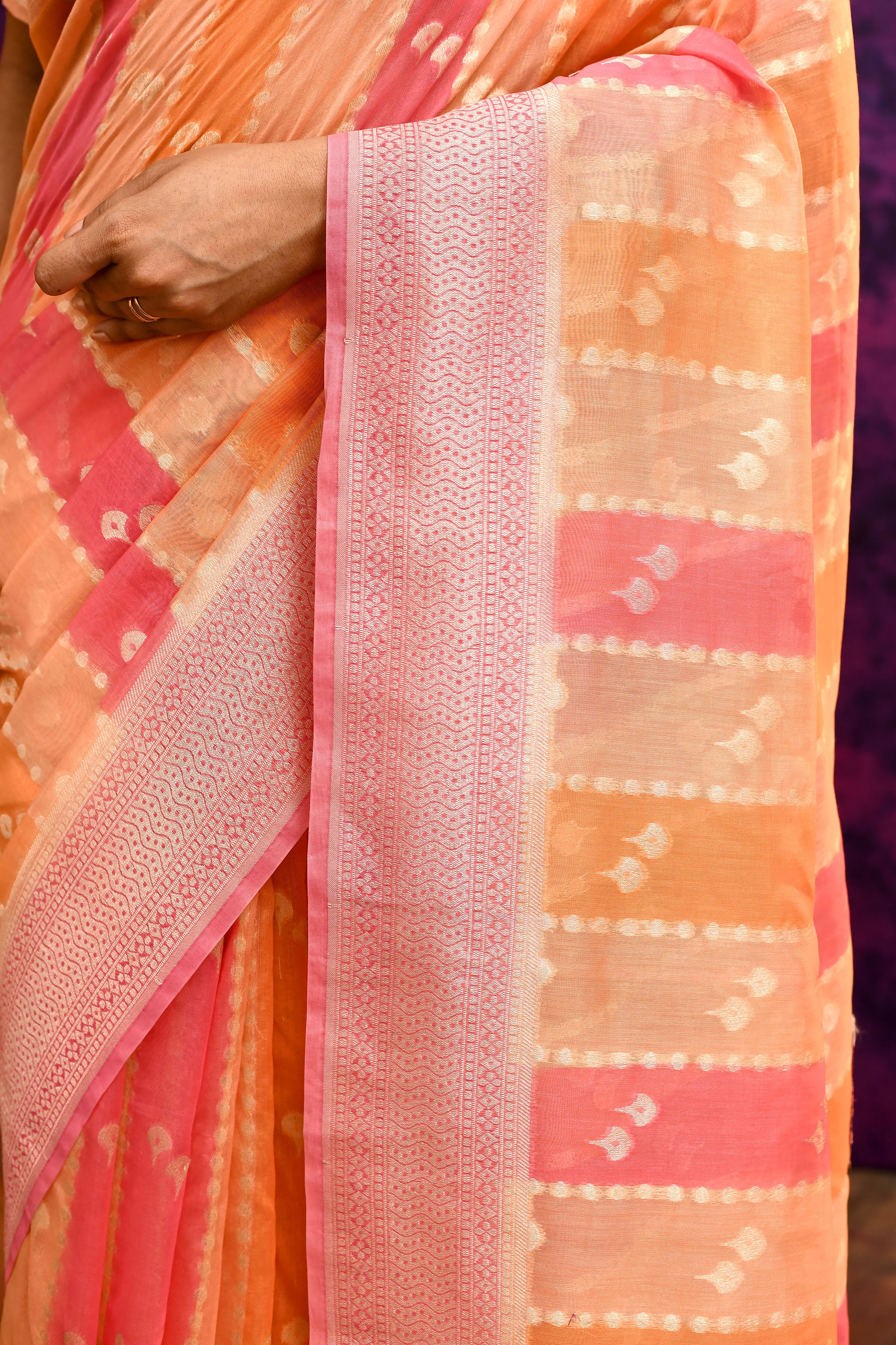 Pure Chanderi Cotton Saree with Woven Buti Motifs – Peach & Coral Pink