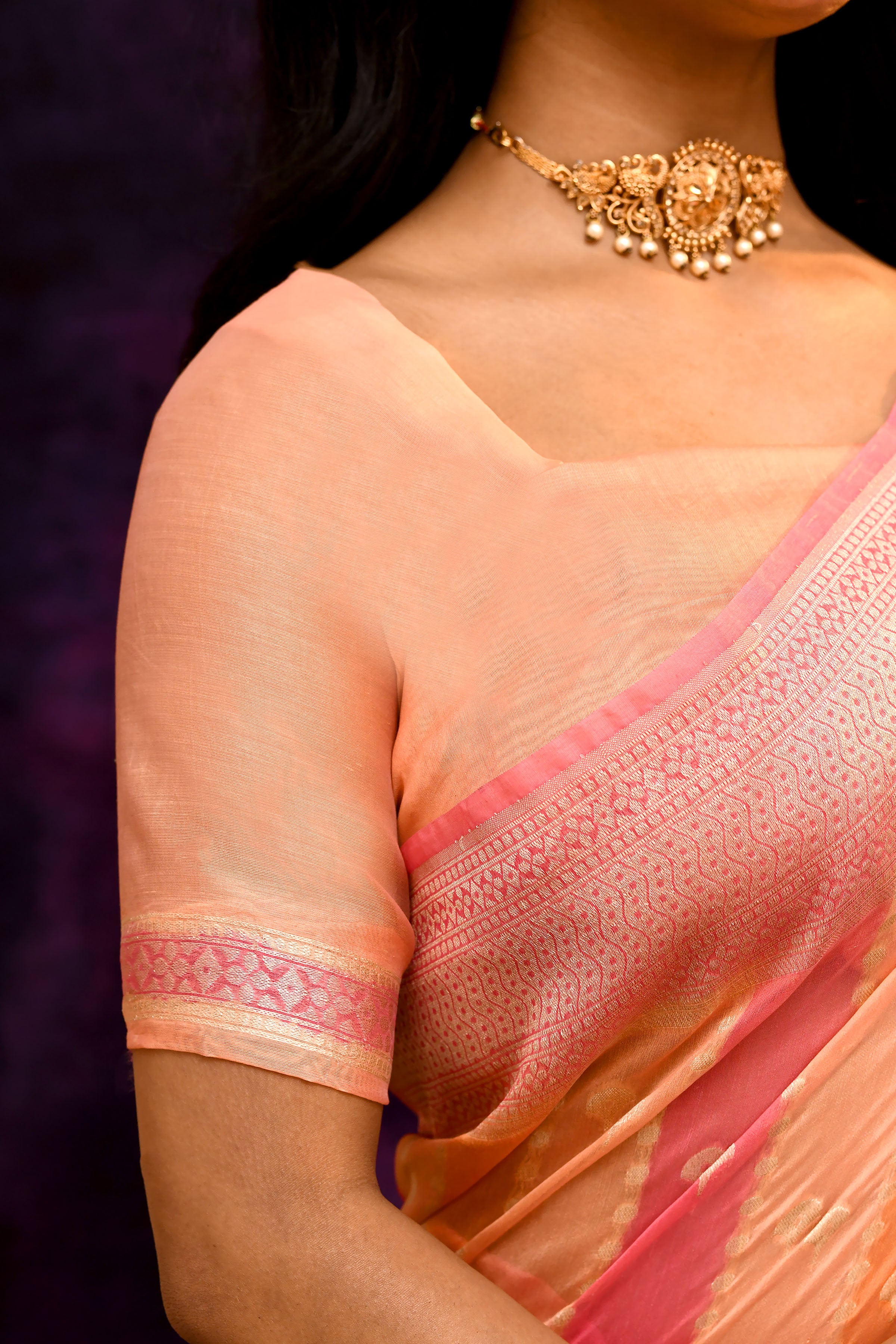 Pure Chanderi Cotton Saree with Woven Buti Motifs – Peach & Coral Pink