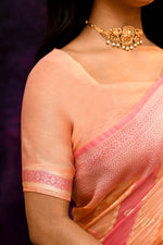 Pure Chanderi Cotton Saree with Woven Buti Motifs – Peach & Coral Pink