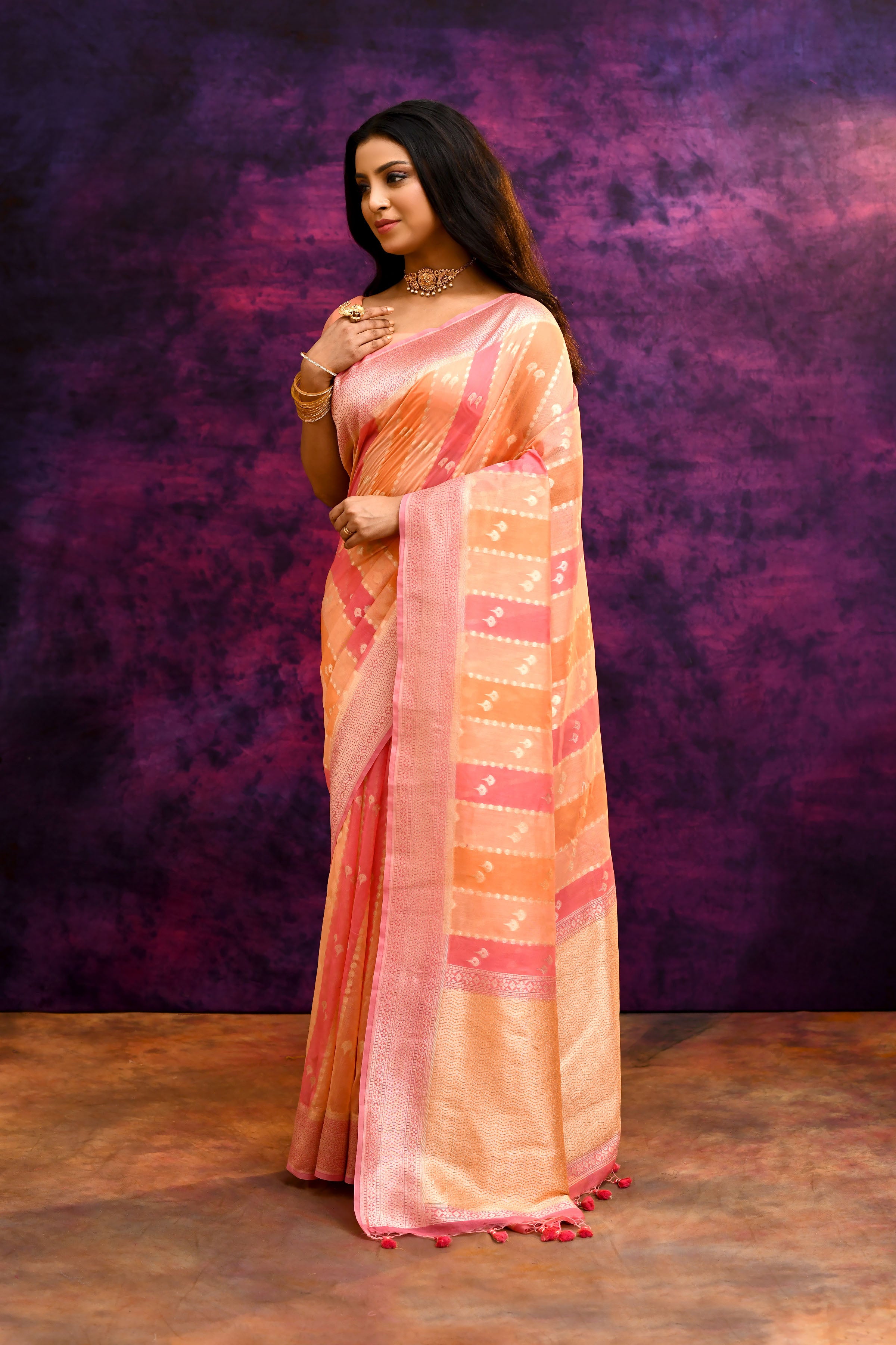 Pure Chanderi Cotton Saree with Woven Buti Motifs – Peach & Coral Pink