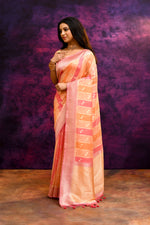 Pure Chanderi Cotton Saree with Woven Buti Motifs – Peach & Coral Pink