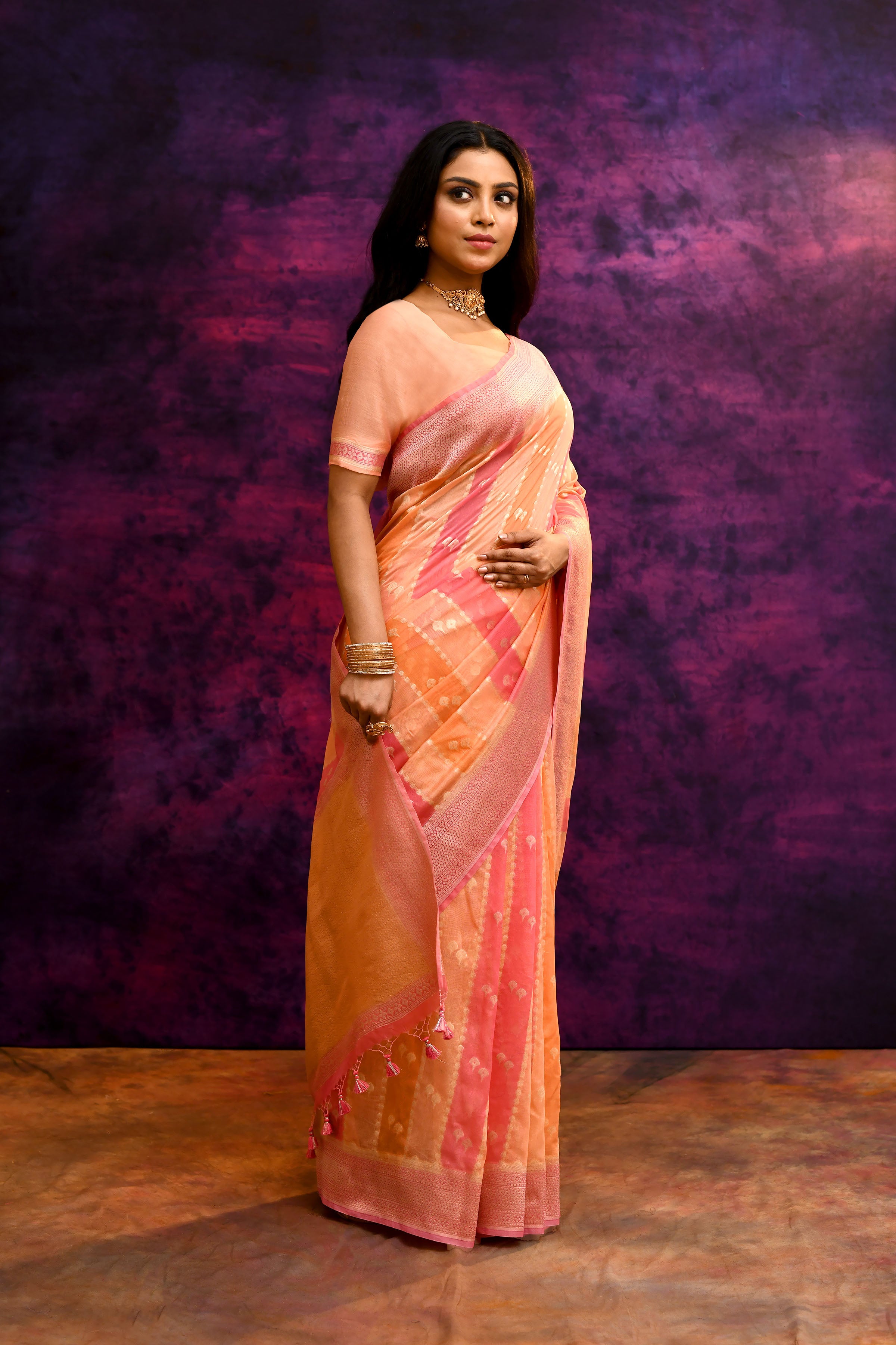 Pure Chanderi Cotton Saree with Woven Buti Motifs – Peach & Coral Pink