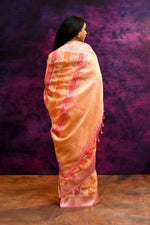 Pure Chanderi Cotton Saree with Woven Buti Motifs – Peach & Coral Pink