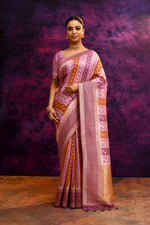 Pure Chanderi Cotton Saree with Woven Buti Motifs – Mauve Pink & Burnt Orange