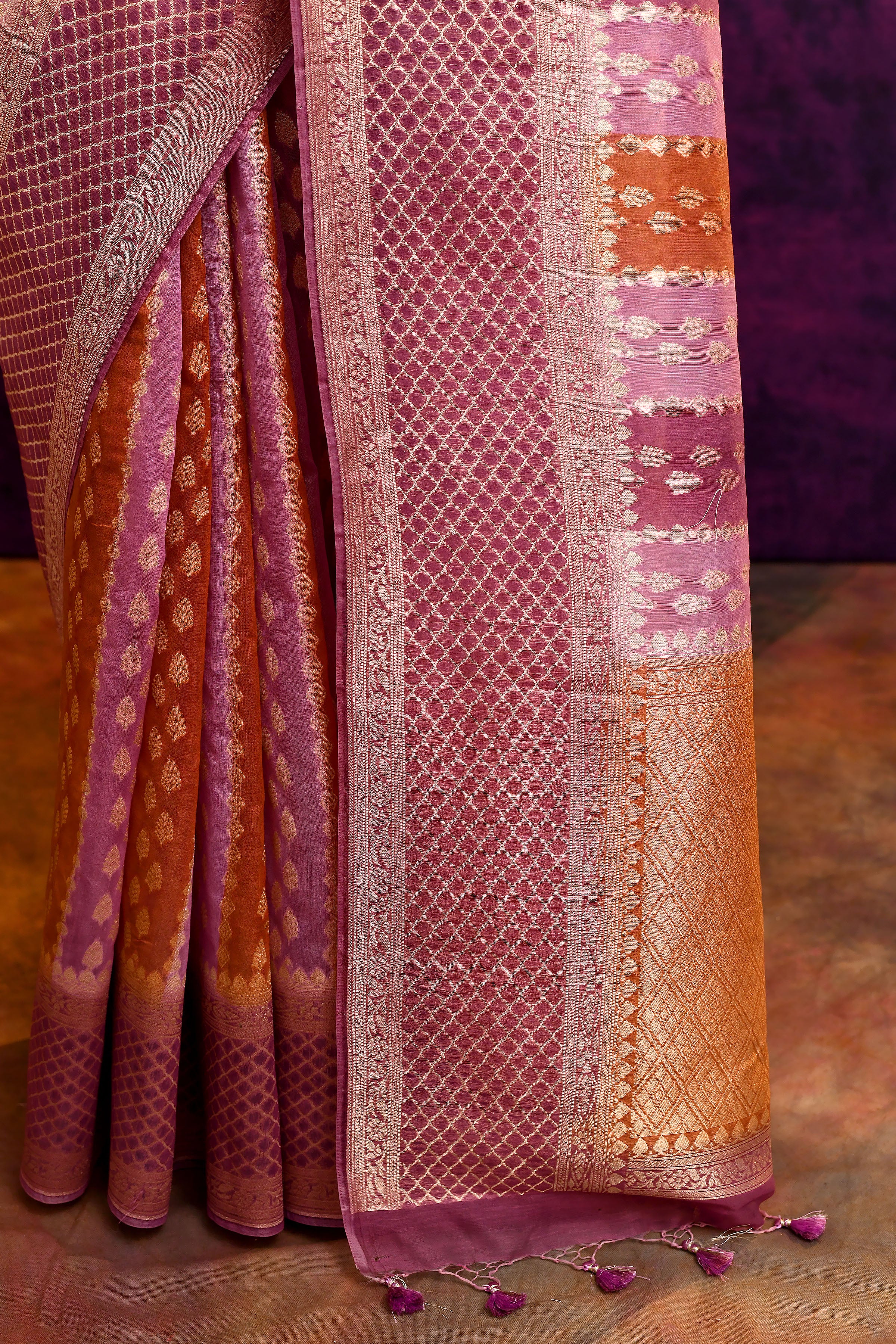 Pure Chanderi Cotton Saree with Woven Buti Motifs – Mauve Pink & Burnt Orange