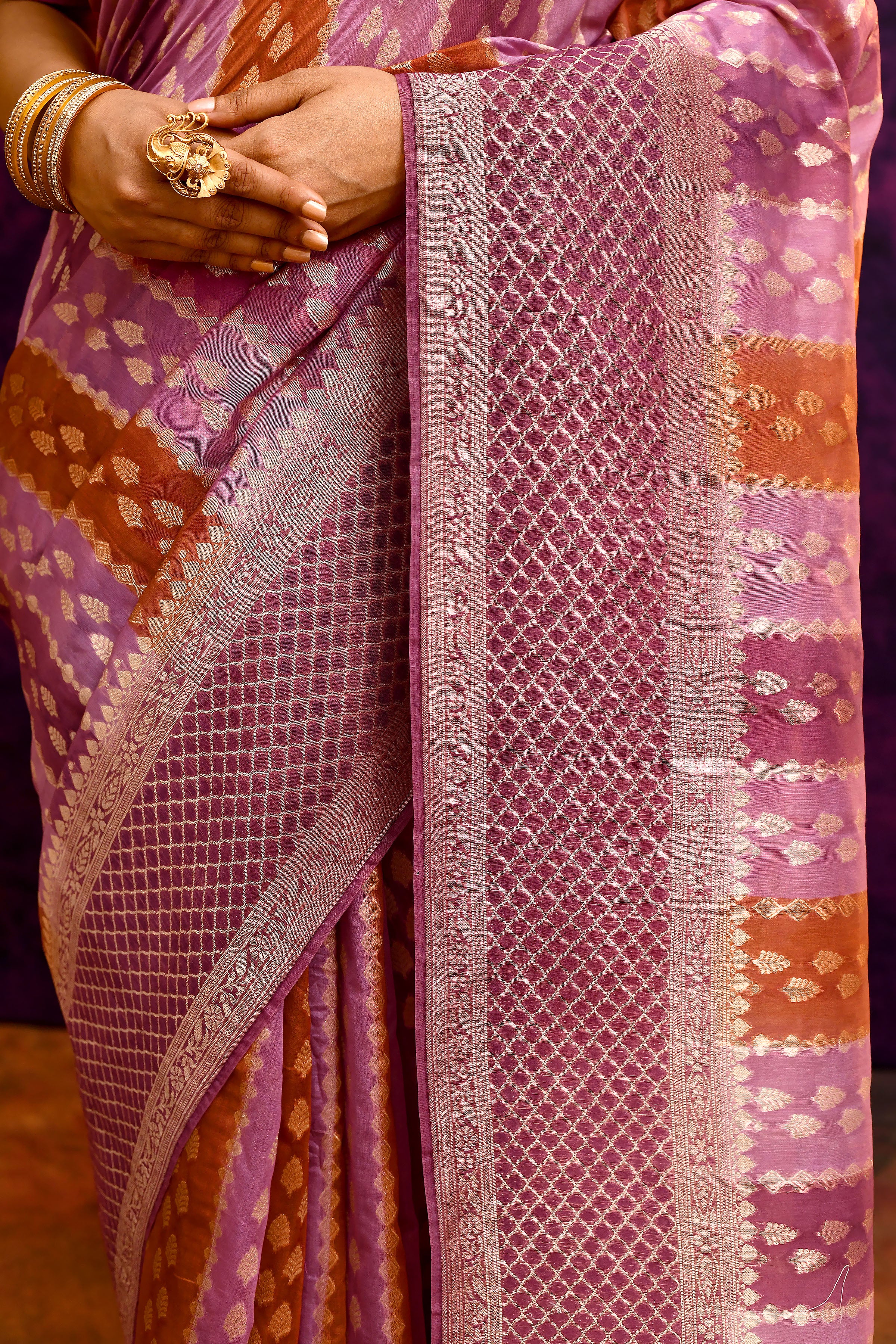 Pure Chanderi Cotton Saree with Woven Buti Motifs – Mauve Pink & Burnt Orange