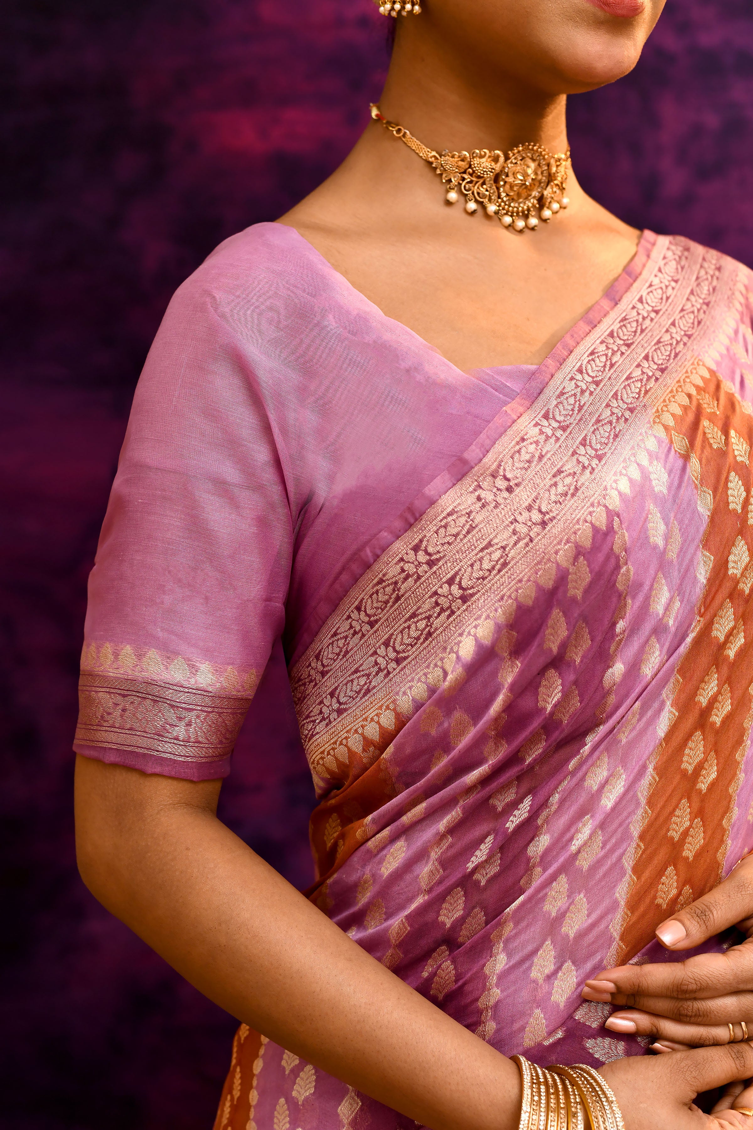 Pure Chanderi Cotton Saree with Woven Buti Motifs – Mauve Pink & Burnt Orange