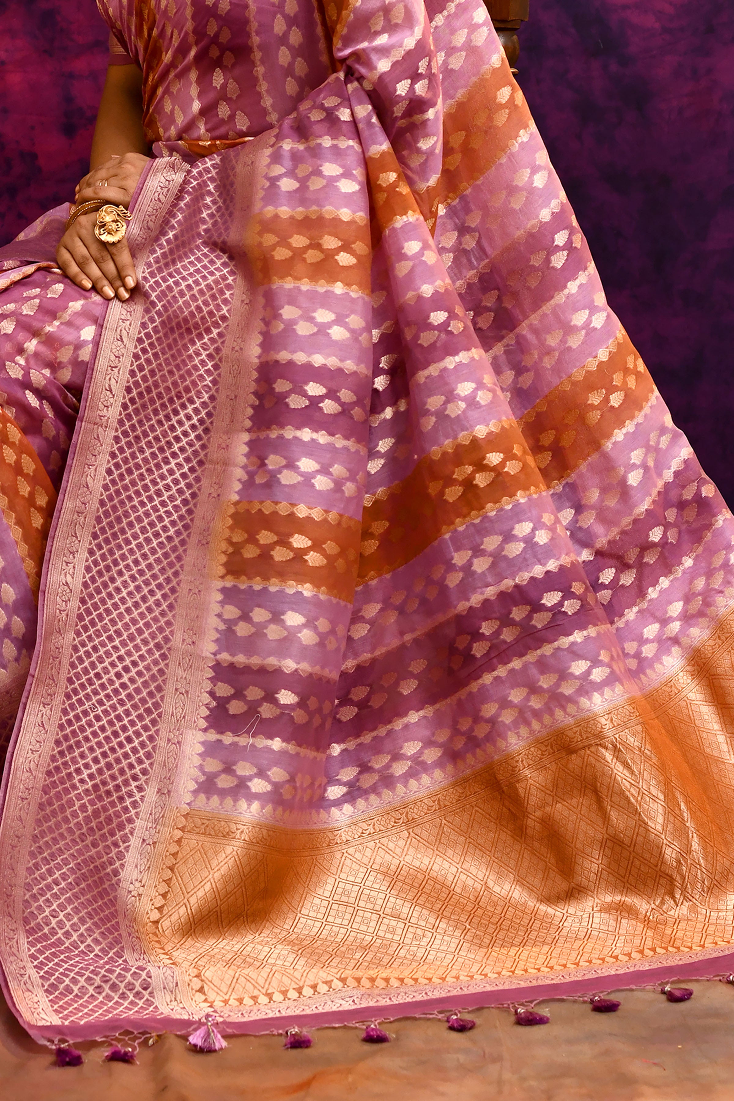 Pure Chanderi Cotton Saree with Woven Buti Motifs – Mauve Pink & Burnt Orange