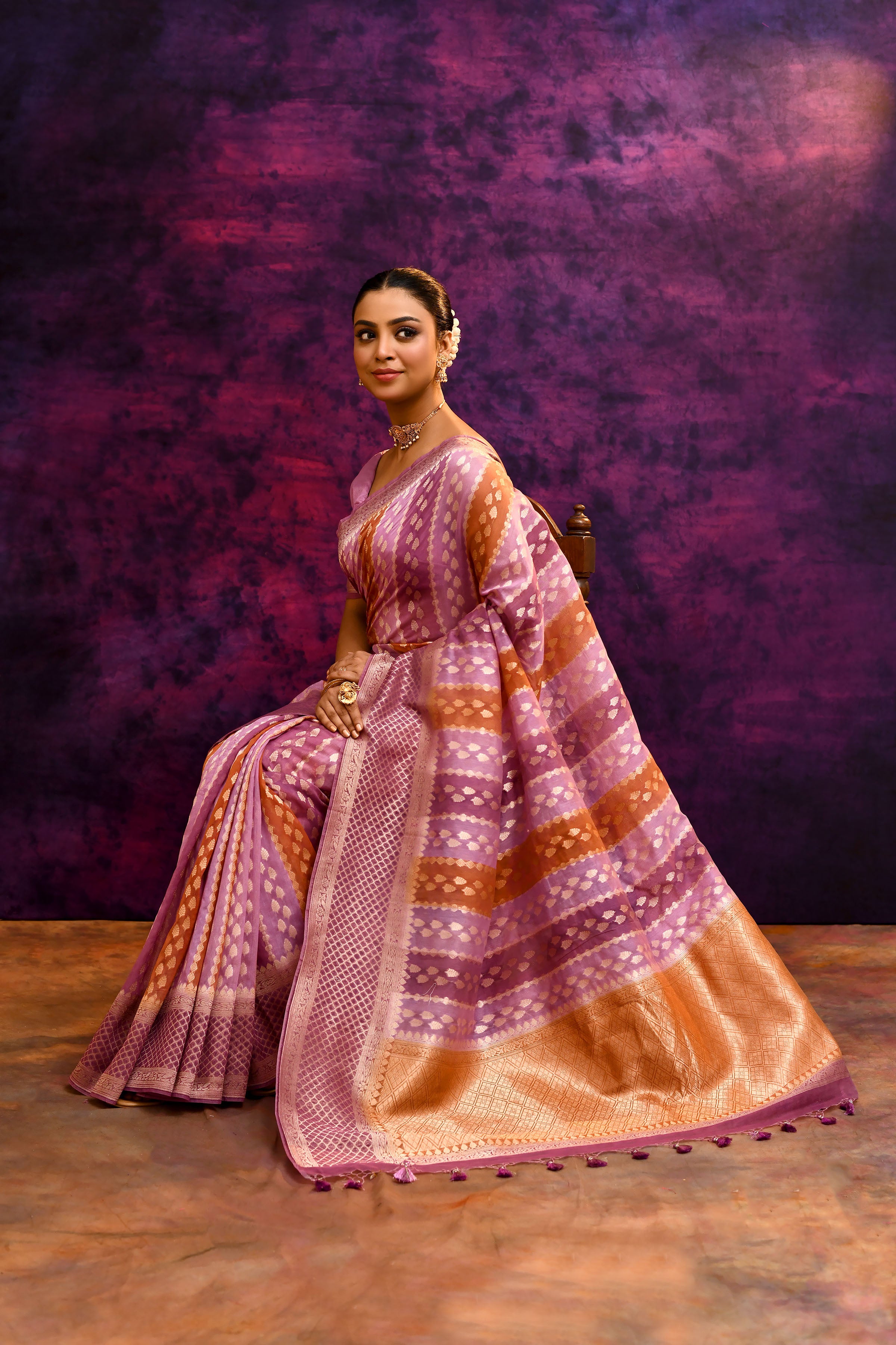 Pure Chanderi Cotton Saree with Woven Buti Motifs – Mauve Pink & Burnt Orange