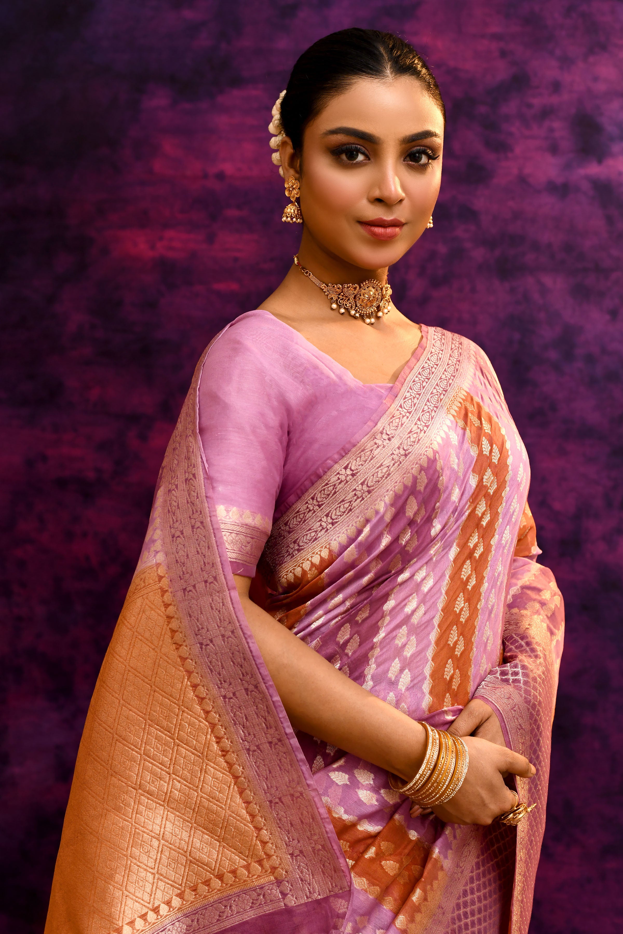 Pure Chanderi Cotton Saree with Woven Buti Motifs – Mauve Pink & Burnt Orange