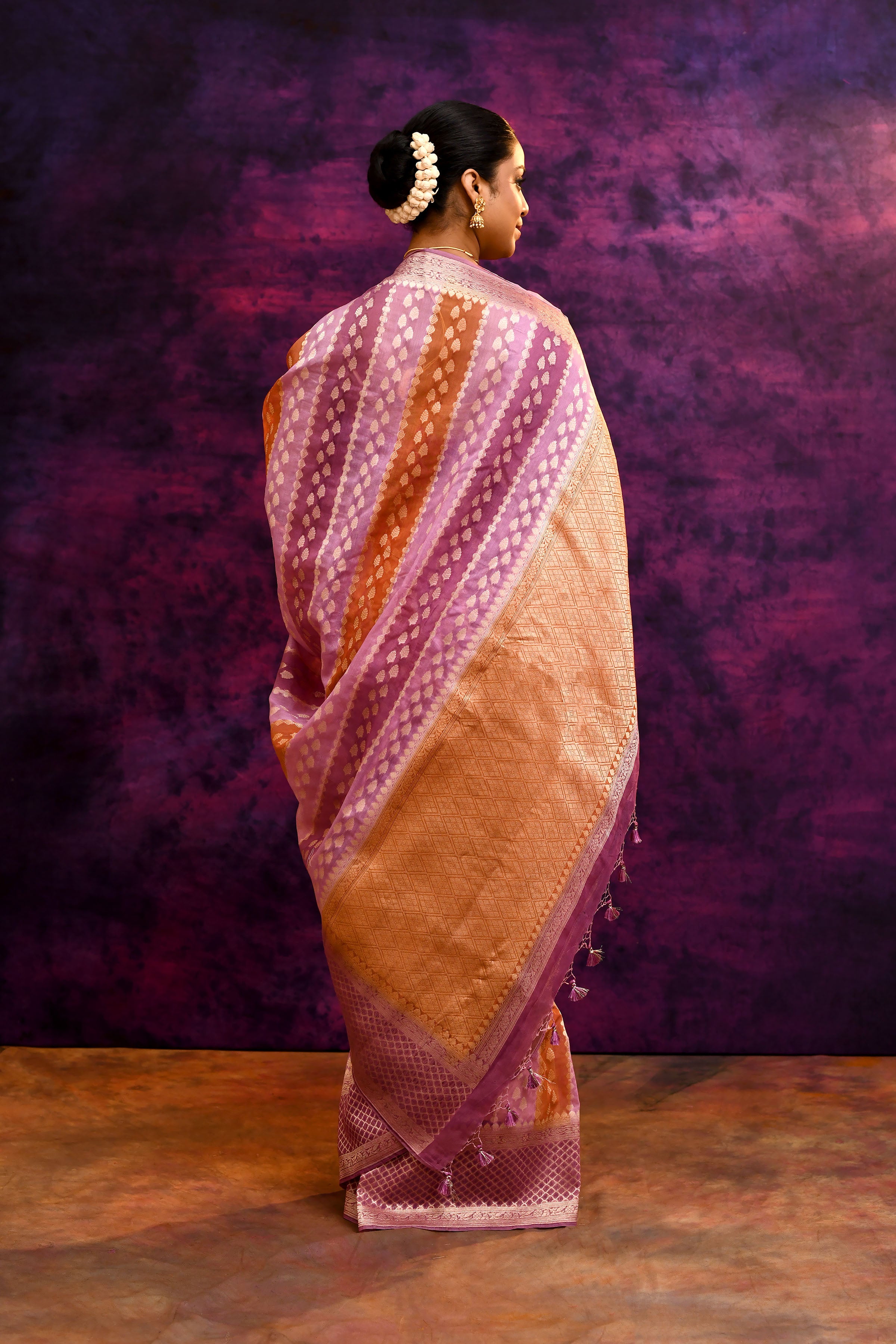 Pure Chanderi Cotton Saree with Woven Buti Motifs – Mauve Pink & Burnt Orange