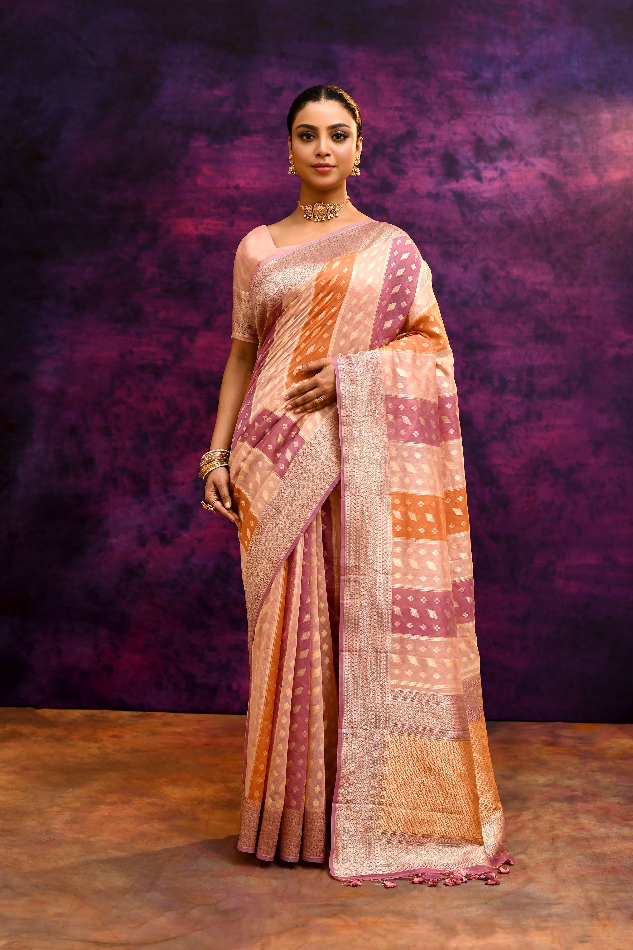 Pure Chanderi Cotton Saree with Woven Buti Motifs – Blush Pink, Peach & Burnt Orange