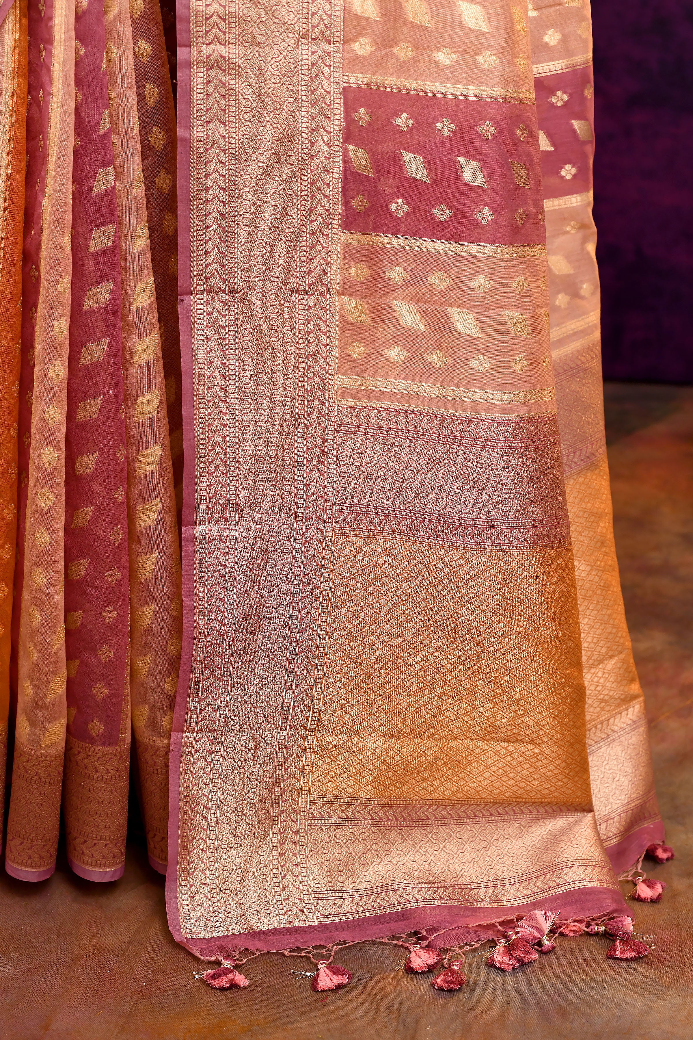 Pure Chanderi Cotton Saree with Woven Buti Motifs – Blush Pink, Peach & Burnt Orange